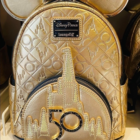 Mickey Mouse Walt Disney World 50th Anniversary Leather Gold Loungefly Backpack - Picture 7 of 13